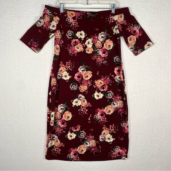French Grey‎ Burgundy & Multi Floral Print Off The Shoulder Women’s Dress Size M - Picture 1 of 8